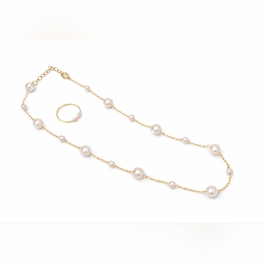 Elegant New Gold Tone and Pearl Necklace and Ring Set